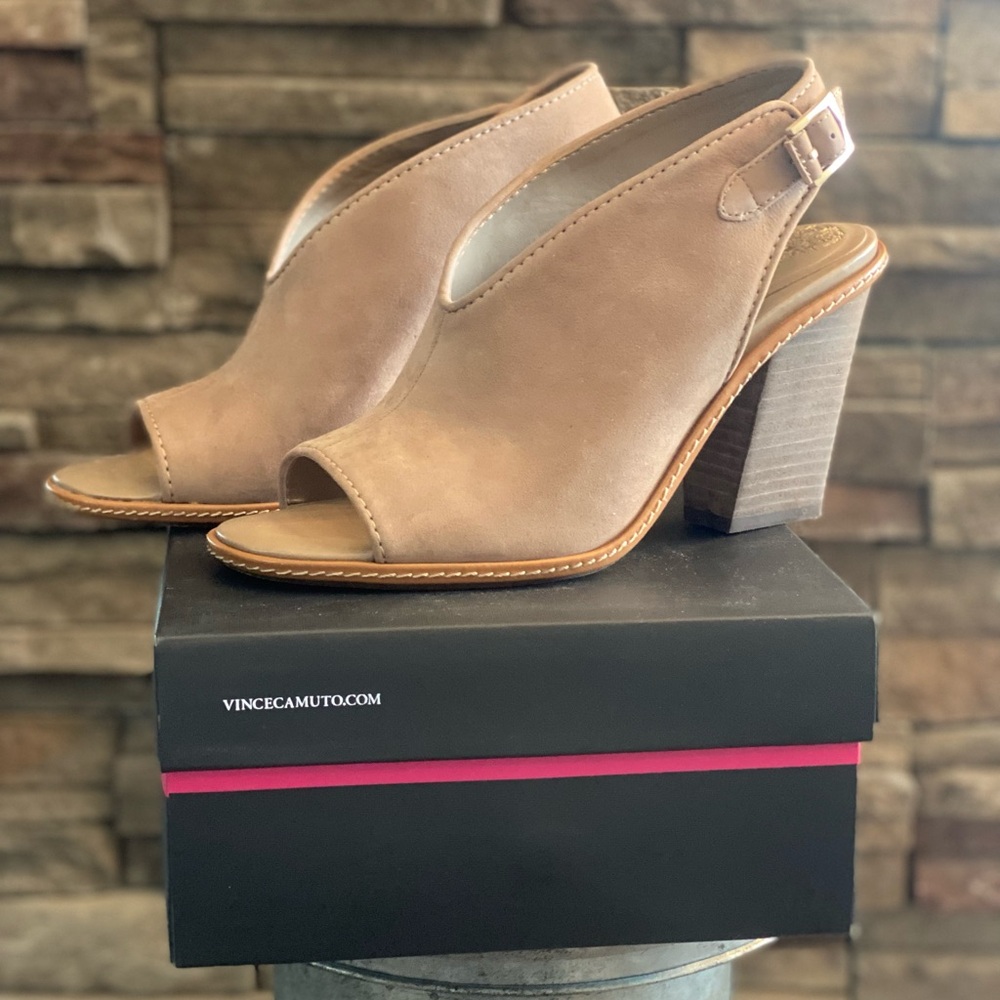 Vince Camuto Beige Open-Toe Block Heels